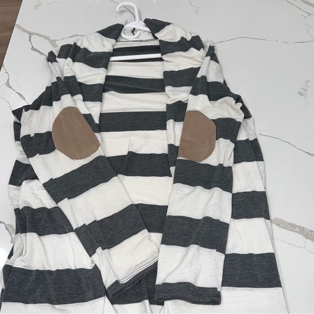 Honey Punch Striped Open Front Cardigan Elbow Patch Large - Picture 3 of 7